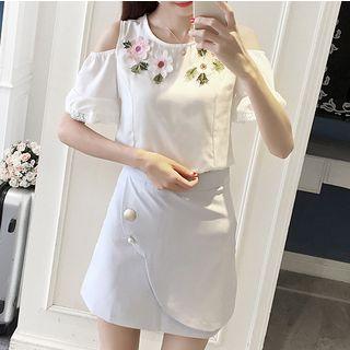 Embroidered Cold Shoulder Short-sleeve Blouse / A-line Skirt / Set: Embroidered Cold Shoulder Chiffon Blouse + A-line Skirt