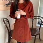 Long-sleeve A-line Corduroy Dress Red - One Size