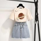 Set: Short-sleeve Planet Applique T-shirt + Denim Mini Skirt