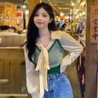 Long-sleeve Tie-neck Blouse / Cropped Knit Camisole Top / Set