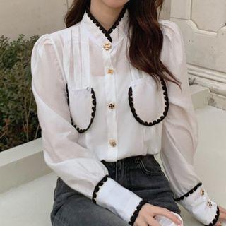 Long-sleeve Contrast Trim Button-up Blouse