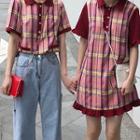 Short-sleeve Ruffled Trim Plaid Polo Shirt Dress
