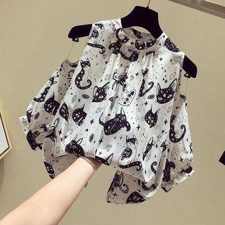 Cold Shoulder Cat Print Blouse