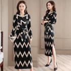 Long-sleeve Chevron Midi Velvet Dress