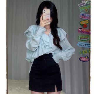 Long-sleeve Ruffled Blouse / Mini Skirt