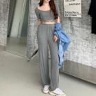 Set: Square-neck Short-sleeve T-shirt + Wide-leg Pants