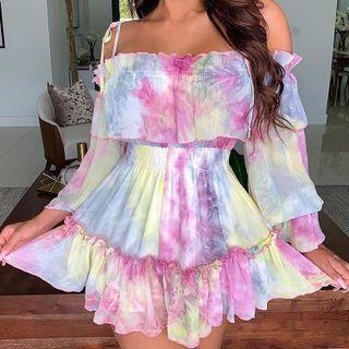 Off-shoulder Tie Dye Mini A-line Dress