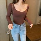 Long-sleeve Scoop-neck T-shirt Brown - One Size