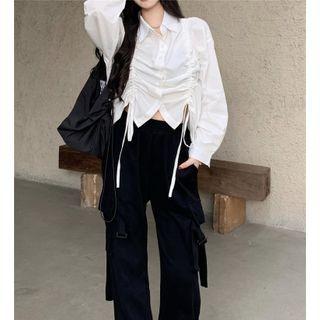 Long-sleeve Plain Drawstring Shirt