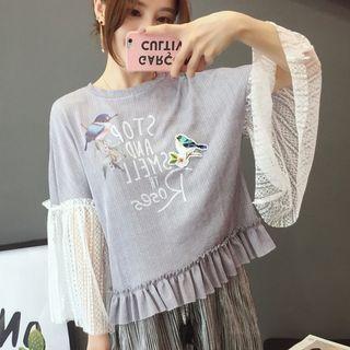Bird Print Lace Panel 3/4 Sleeve T-shirt