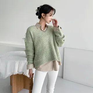 V-neck Woolen Boucle-knit Top