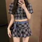 Short-sleeve Plaid Crop Shirt / Belted Mini Pleated Skirt