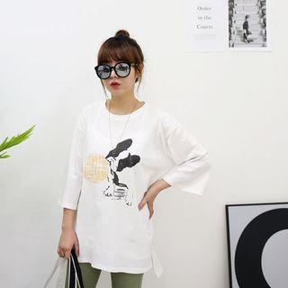 Elbow-sleeve Puppy Print T-shirt