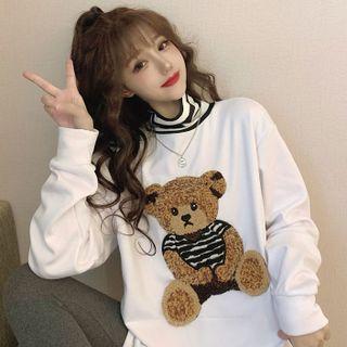 Turtleneck Panel Cartoon Bear T-shirt White - One Size