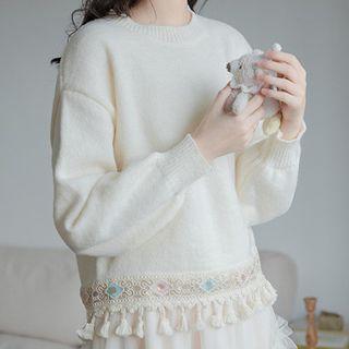 Tasseled Embroidered Trim Sweater Off-white - One Size