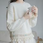 Tasseled Embroidered Trim Sweater Off-white - One Size