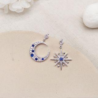 Non-matching Rhinestone Moon & Star Dangle Earring 1 Pair - As Shown In Figure - One Size