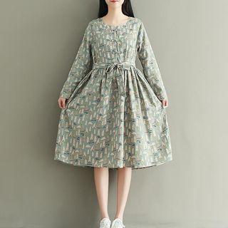 Long-sleeve Patterned Shirred Midi Dress