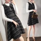 Long-sleeve Knit Top / Tweed Mini Pinafore Dress / Set