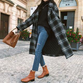 Padded Double-breasted Plaid Coat One Size