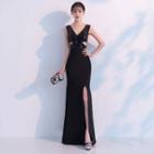 Sequin Sleeveless Cut Out Sheath Evening Gown