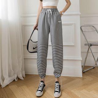 Gingham Drawstring-cuff Straight-leg Pants