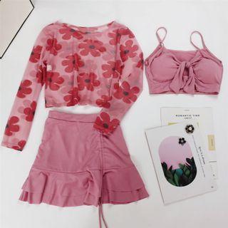 Set: Long-sleeve Floral Cover-up + Bikini Top + Skirt