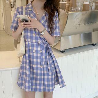 Plaid Tie-waist Mini A-line Blazer Dress