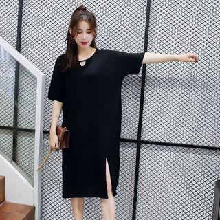 Elbow-sleeve Slit Midi T-shirt Dress