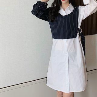 Mock Two Piece Striped Panel Shirtdress