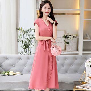 Short-sleeve Ruffle Trim Wrap Midi A-line Dress