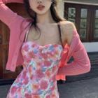 Plain Light Cardigan / Floral Print Slim-fit Sleeveless Dress