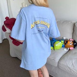Lettering Print Short-sleeve T-shirt Blue - One Size