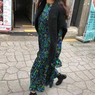 Long-sleeve Floral Print Midi Pleated Dress Green - One Size