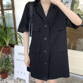 Elbow-sleeve Plain Shirt Dress Black - One Size