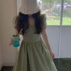Puff Short-sleeve V-neck Open-back Plain Medium Maxi Dress
