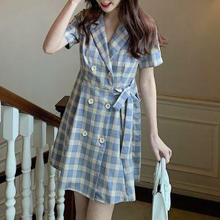 Short-sleeve Gingham Mini A-line Blazer Dress Blue - One Size