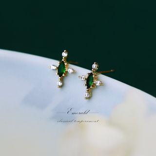 925 Sterling Silver Rhinestone Cross Earring 1 Pair - Silver - One Size