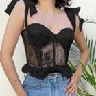 Tie-shoulder Lace-panel Ruffled-hem Corset Top