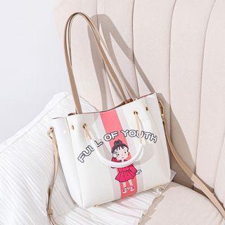 Cartoon Print Faux Leather Tote Bag Khaki - One Size