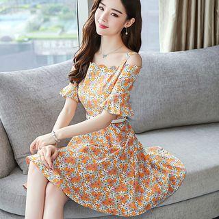 Elbow-sleeve Cold Shoulder Floral Print A-line Dress