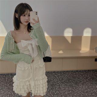 Bow Tube Top / A-line Layered Skirt / Plaid Cardigan