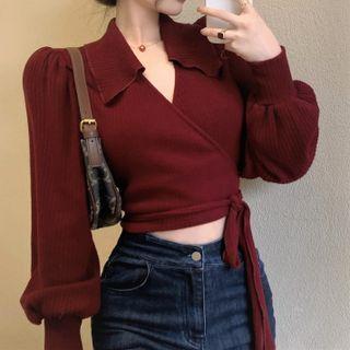 V-neck Lace-up Top Red - One Size