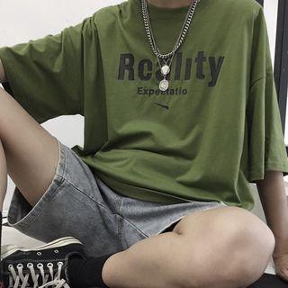 3/4-sleeve Letter T-shirt Green - One Size