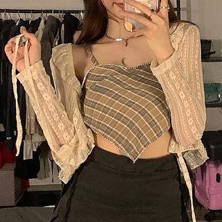 Plaid Cropped Camisole Top / Lace Cardigan