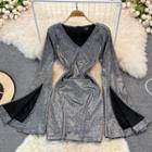 Flared-sleeve Glitter Mini Sheath Dress