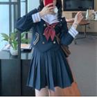Set : Sailor Collar Bow Top + Plain Accordion Pleat A-line Skirt