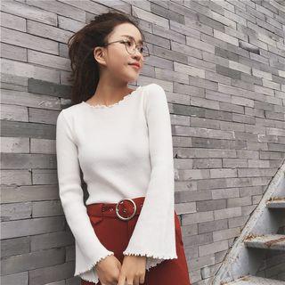 Frill Trim Plain Bell-sleeve Knit Top
