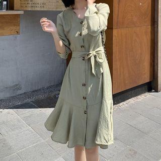 Single-breasted Tie-waist Long-sleeve Dress
