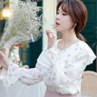 Floral Print Collared Bell-sleeve Chiffon Blouse